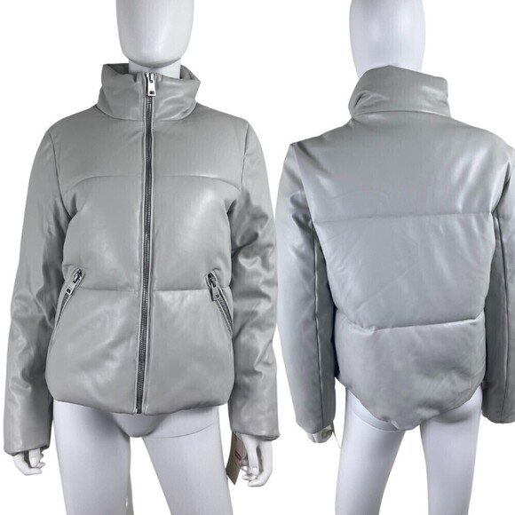 Levi’s Size M Gray Quilted Faux Leather Full Zip Puffer Coat NEW Jacket Boxy - Picture 1 of 16